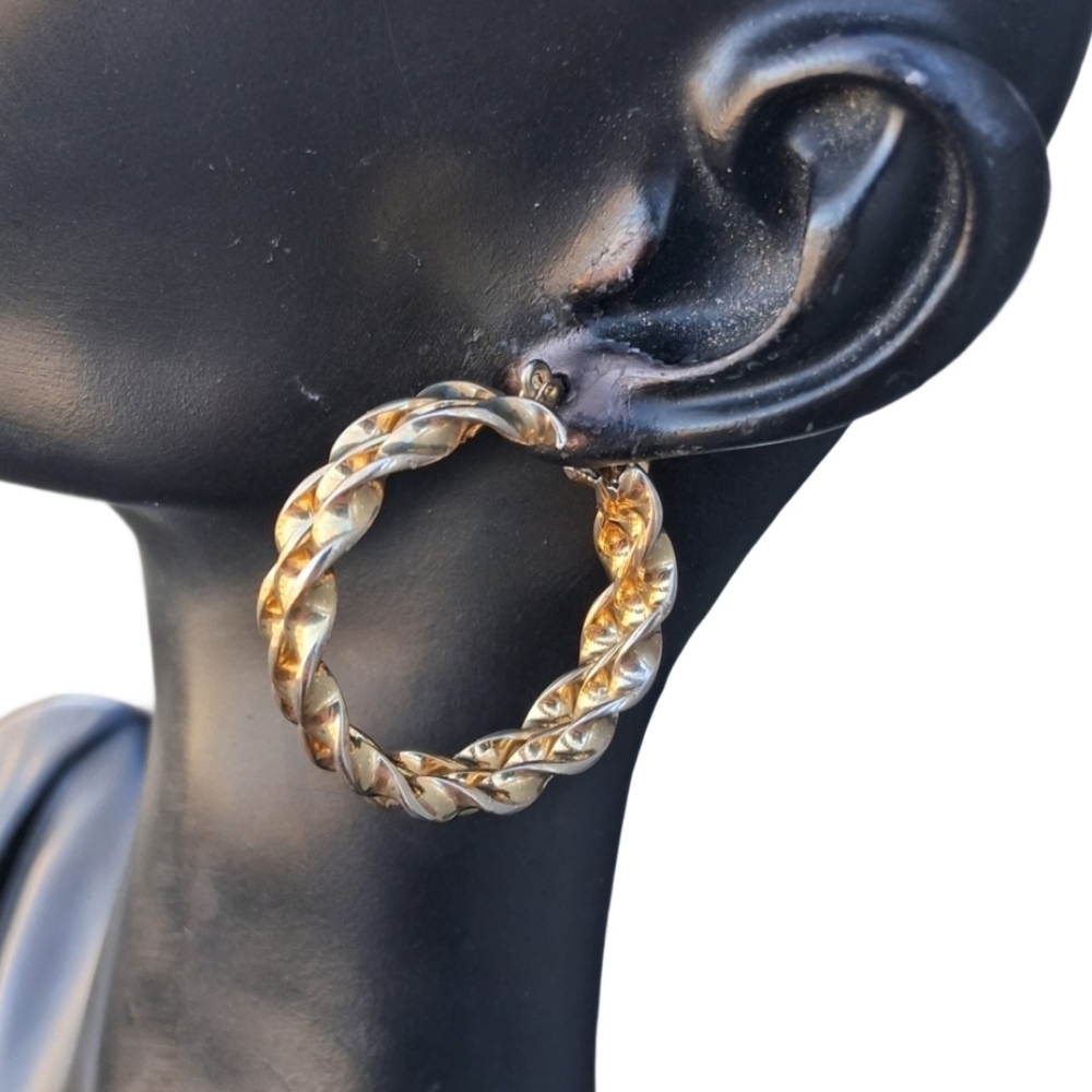 Vintage Chunky Triple Row Twisted Gold Hoop Earrings • Textured Retro Statement
